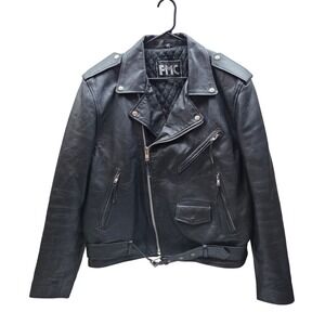 FMC Black Leather Motorcycle Jacket Men Size 48 Quilted Lining Belted Vintage